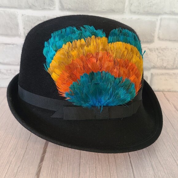 Vintage Henry Pollak Wool Hat New York Melange Feathers Soleil Soie Black main image 9